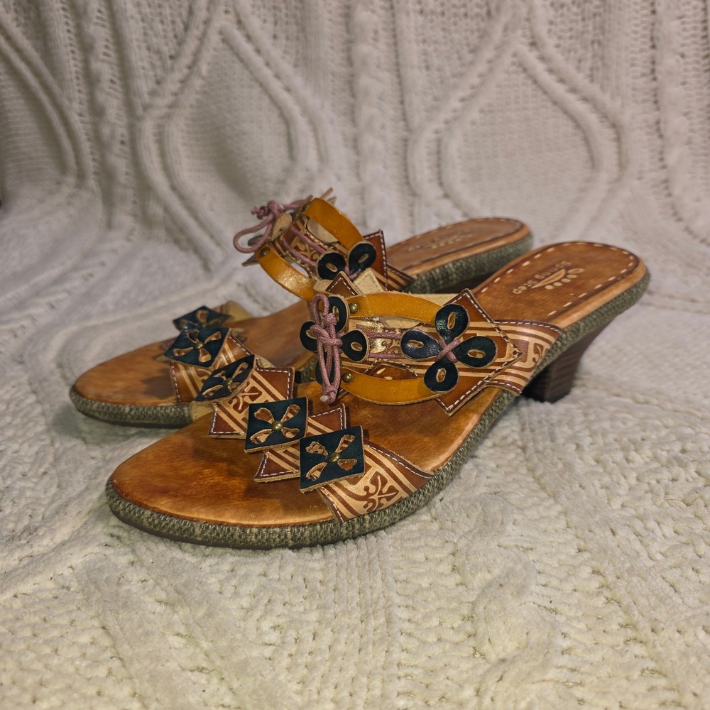 Spring‎ Step Wedge Slide Sandals Brown Leather Flowers Floral Boho Womens 40 9